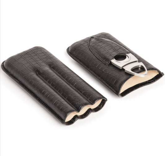 Black Croc Triple Cigar Holder & Cutter